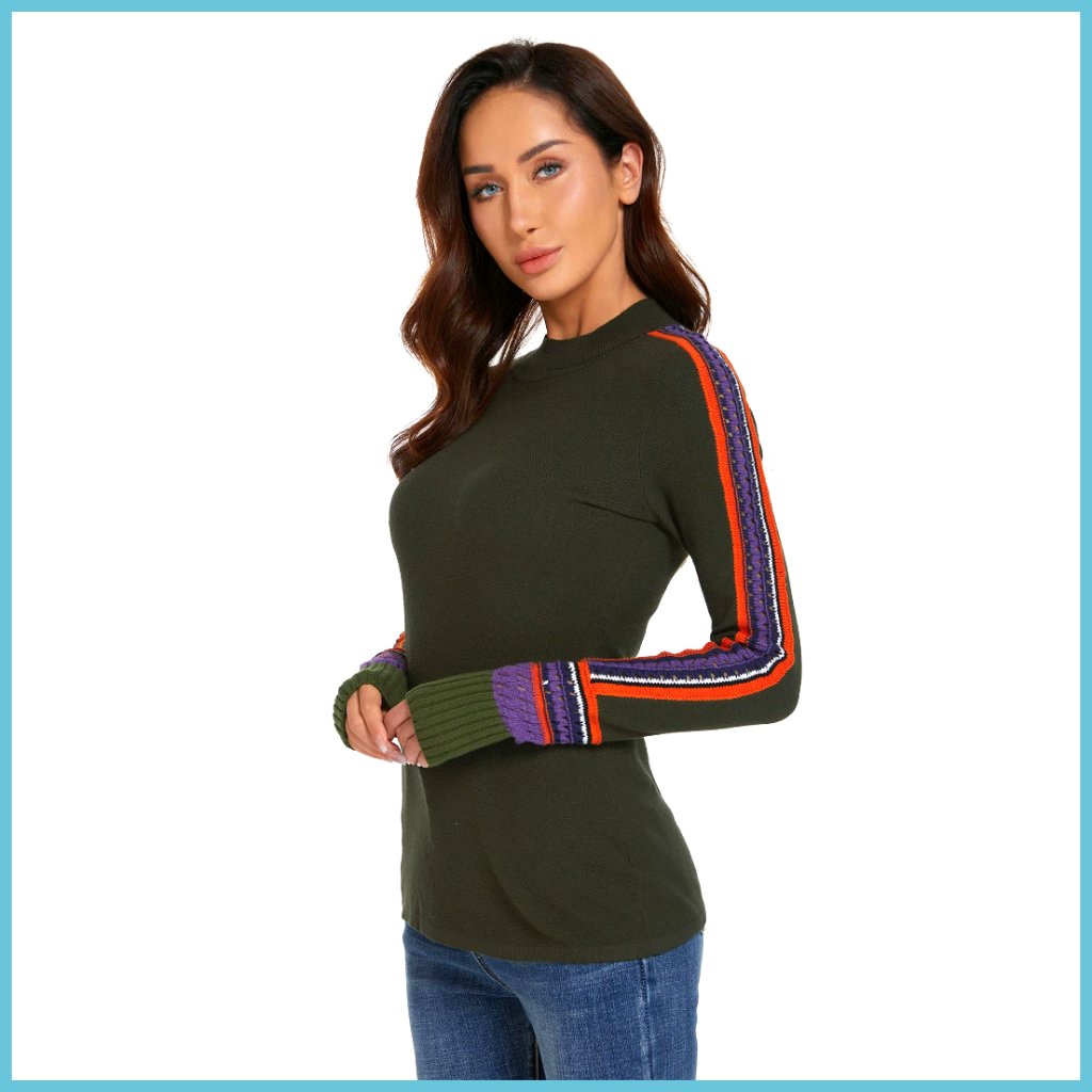 Mock Neck Pullover Sweater With Lace Sleeves, Viscose Nylon Blend